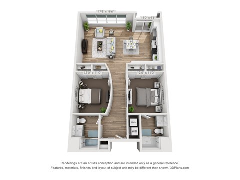 A floor plan of a two-bedroom apartment with dimensions and a disclaimer about the renderings.